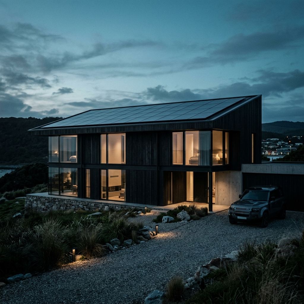 Sleek modern home with solar panels